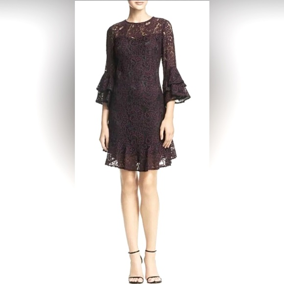 Eliza J 3/4 Poet Bell Sleeve Eggplant Lace A-line w Black Trim Detailing B7 - Picture 1 of 11